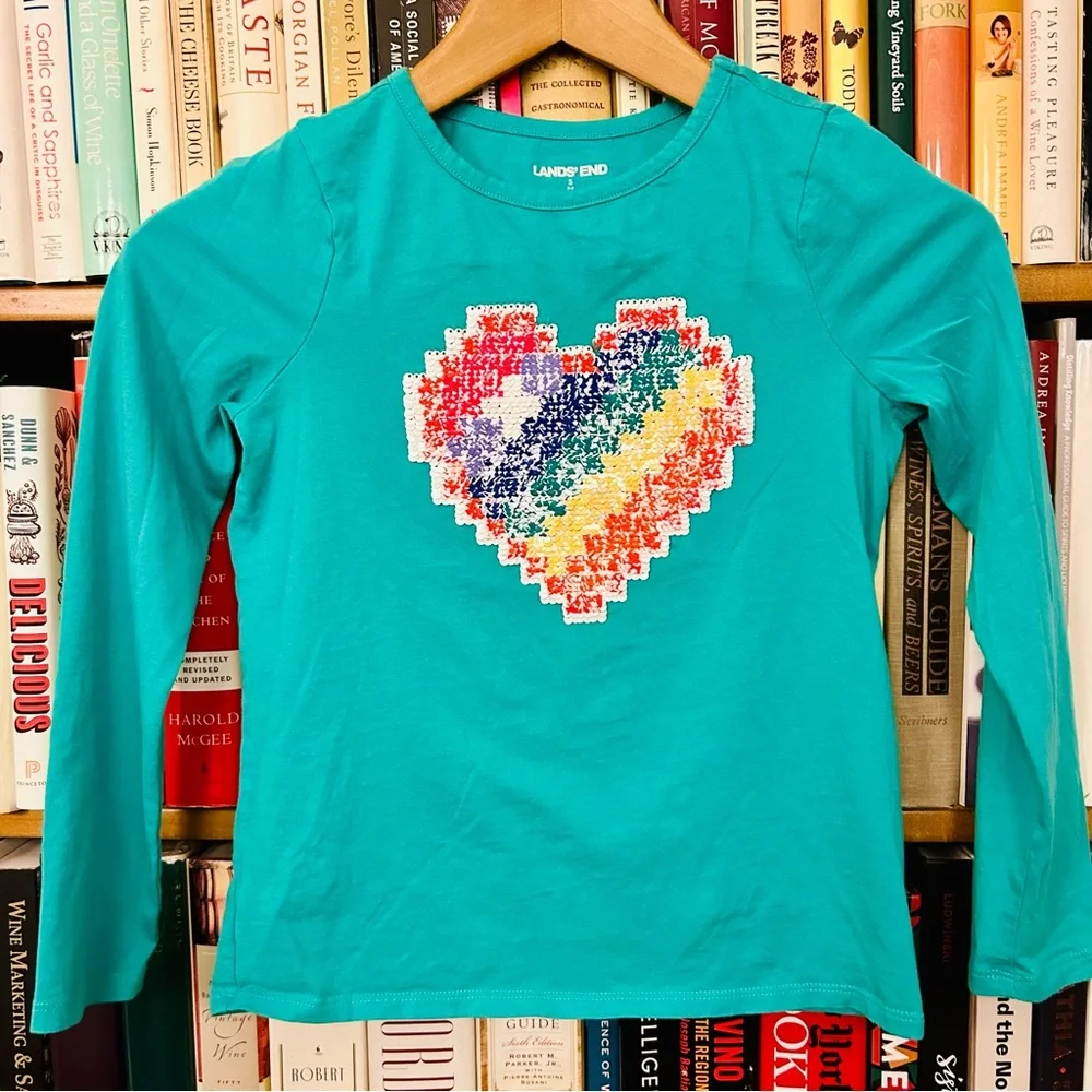 Lands' End Teal Sequin Rainbow Heart Game On Long Sleeve T-Shirt sz Small 7-8